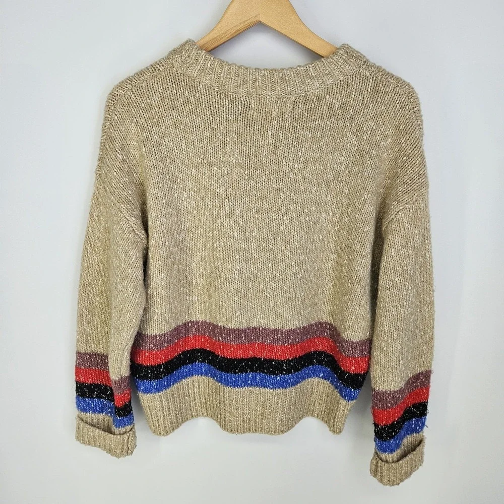 Treasure & Bond Small Striped Marled Knit Crewneck Sweater Tan‎ Red Blue Cozy